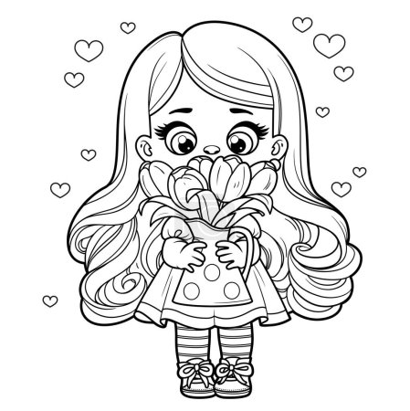 Téléchargez les illustrations : Cute cartoon long haired girl holds holding a bouquet of tulips in a jug outlined for coloring page on white background - en licence libre de droit