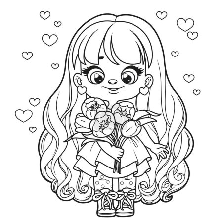 Téléchargez les illustrations : Cute cartoon long haired girl holds in hands a large spring bouquet of tulips outlined for coloring page on white background - en licence libre de droit