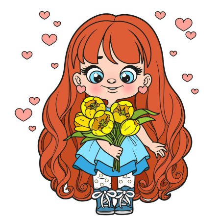 Téléchargez les illustrations : Cute cartoon long haired girl holds in hands a large spring bouquet of tulips color variation for coloring page on white background - en licence libre de droit