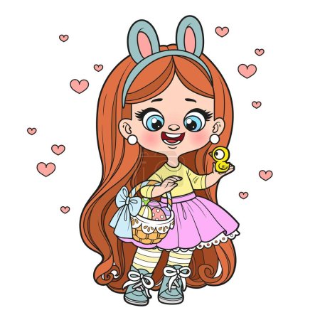 Ilustración de Cute cartoon long haired  girl with bunny ears and basket hold a chicken in hand color variation for coloring page on white background - Imagen libre de derechos
