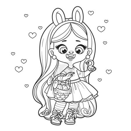 Ilustración de Cute cartoon long haired  girl with bunny ears and basket hold a chicken in hand outlined for coloring page on white background - Imagen libre de derechos
