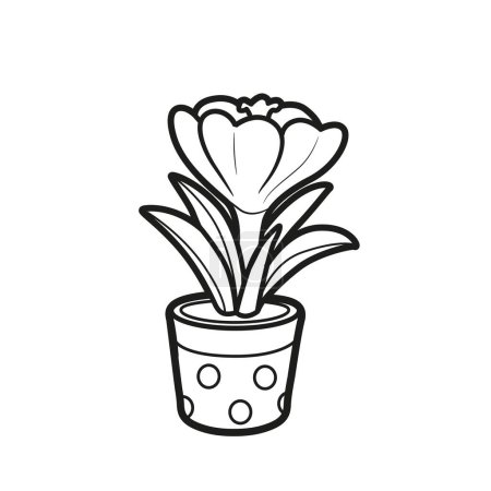 Illustration for Crocus flower grow in a small pot coloring book linear drawing isolated on white background - Royalty Free Image
