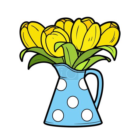 Téléchargez les illustrations : Bouquet de tulipes dans une cruche avec une poignée de couleur variatine pour livre à colorier isolé sur fond blanc - en licence libre de droit