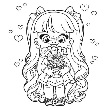 Illustration for Cute cartoon long haired girl holds a crocus in pot  outlined for coloring page on white background - Royalty Free Image