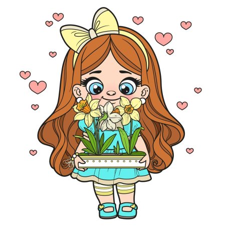 Cute cartoon long haired girl holds in hands a long pot with daffodils color variation for coloring page on white background