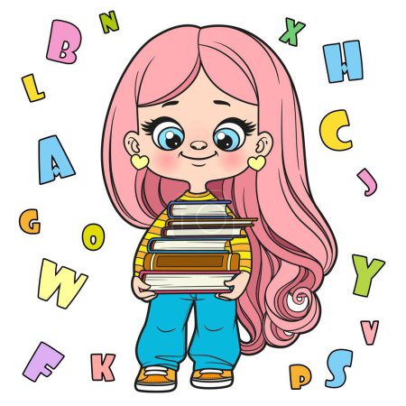 Ilustración de Linda chica de pelo largo de dibujos animados sosteniendo la gran pila de libros variación de color para colorear página sobre un fondo blanco - Imagen libre de derechos