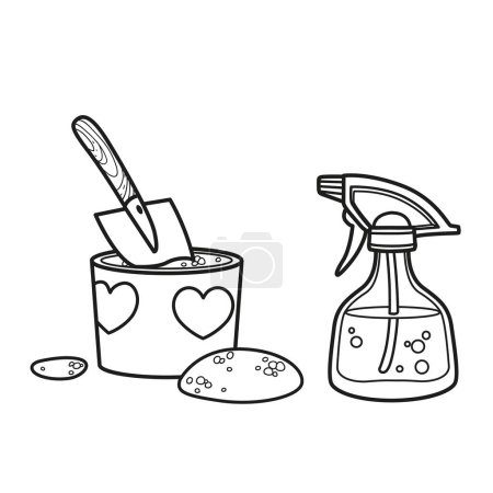 Ilustración de Maceta de tierra, espátula y una botella de spray para regar el dibujo lineal aislado sobre fondo blanco - Imagen libre de derechos