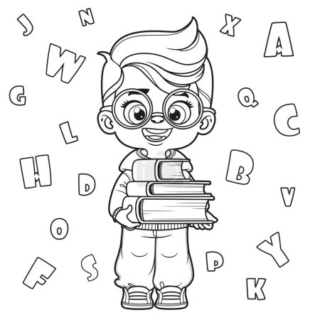 Ilustración de Lindo niño con anteojos de dibujos animados sosteniendo la pila de libros esbozados para colorear página sobre un fondo blanco - Imagen libre de derechos