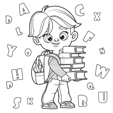 Téléchargez les illustrations : Mignon dessin animé garçon tenant grande pile de livres décrits pour colorier page sur un fond blanc - en licence libre de droit