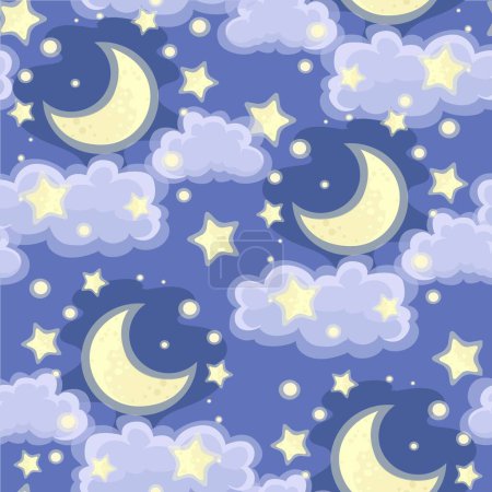 Téléchargez les illustrations : Ornement sans couture de lunes et d'étoiles avec des nuages sur le fond bleu du ciel nocturne - en licence libre de droit