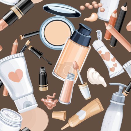 Ilustración de Patrón marrón inconsútil de objetos cosméticos crema, polvo para la cara, crema de base, lápiz labial ... - Imagen libre de derechos