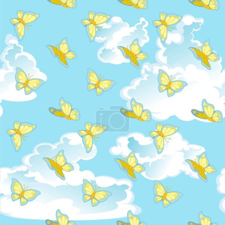 Illustration for Seamless pattern from yellow and blue butterflies flutter on blue clouds background - Royalty Free Image