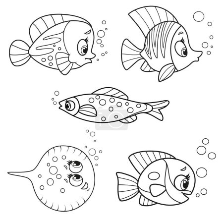 Illustration for Cute cartoon five exotic sea fishes outlined for coloring page isolated on white background - Royalty Free Image