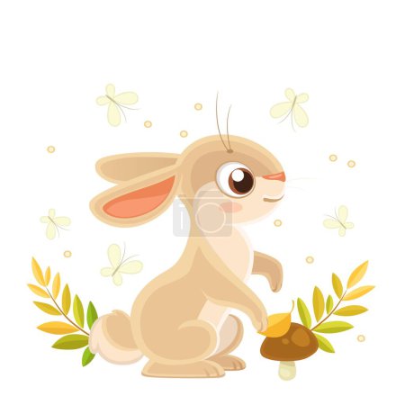 Téléchargez les illustrations : Mignon lapin dessin animé encadré par les éléments de la nature isolé sur un fond blanc - en licence libre de droit