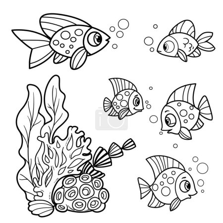 Téléchargez les illustrations : Cinq poissons de mer dessin animé esquissés pour coloriage isolé sur fond blanc - en licence libre de droit