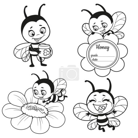 Ilustración de Lindas abejas de dibujos animados y flor delineada para colorear página sobre fondo blanco - Imagen libre de derechos