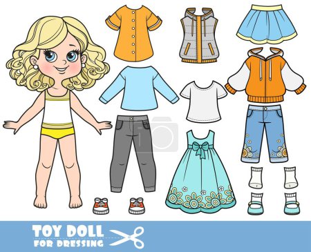 Cartoon blond girl  and clothes separately -  insulated vest, long sleeve, dress, t-shirts, sandals, jacket, skirt, breeches, jeans and sneakers doll for dressing