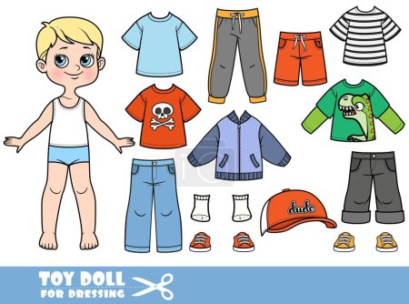 Illustration for Cartoon boy with blond hair and clothes separately - knitted sweater, shorts, longsleeve, tee-shirts, cap with a visor , jeans and sneakers doll for dressing - Royalty Free Image