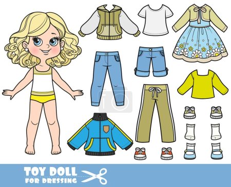Illustration for Cartoon blond girl  and clothes separately - sports jacket, shorts, jeans, elegant dress with a bolero, long sleeve,  t-shirt, sandals and sneakers doll for dressing - Royalty Free Image