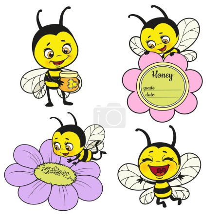 Téléchargez les illustrations : Mignonnes abeilles de dessin animé et variation de la couleur des fleurs pour la coloration sur fond blanc - en licence libre de droit