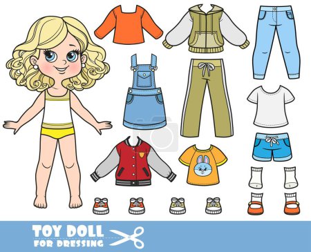 Illustration for Cartoon blond girl  and clothes separately -   long sleeve,  t-shirts, sandals, jacket, shorts, tracksuit, jeans and sneakers doll for dressing - Royalty Free Image