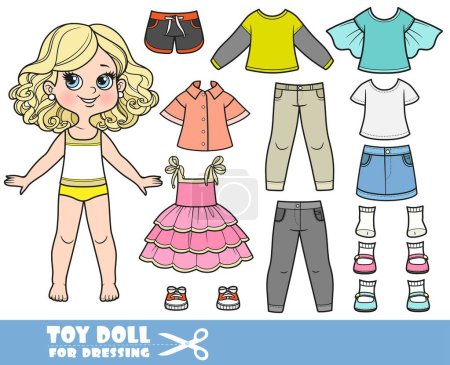 Illustration for Cartoon blond girl  and clothes separately - skirt, shorts, blouse, long sleeve, jeans, t-shirts, sandals, sundress and sneakers doll for dressing - Royalty Free Image