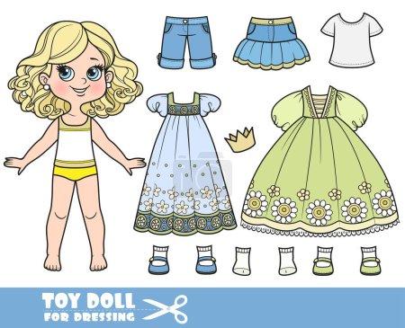 Illustration for Cartoon blond girl  and clothes separately - skirt, shorts, T-shirt, sandals, socks, sundress, ball gown and crown doll for dressing - Royalty Free Image