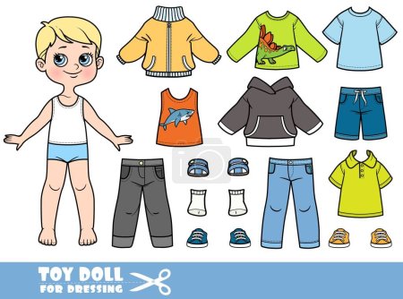 Illustration for Cartoon boy with blond hair and clothes separately - jacket, shorts, T-shirt, longsleeve, jeans, t-shirts, sandals and sneakers doll for dressing - Royalty Free Image
