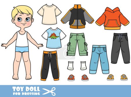 Zeichentrickjunge mit blonden Haaren und separater Kleidung - Sportjacke, T-Shirt, Jogginghose, Jeans und Turnschuhpuppe zum Anziehen