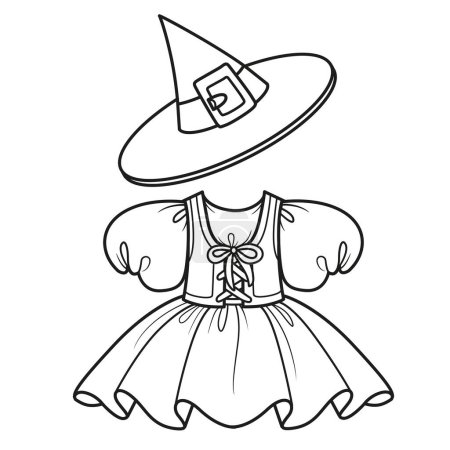 Dress with lace-up corset and witch hat outline for coloring on a white background