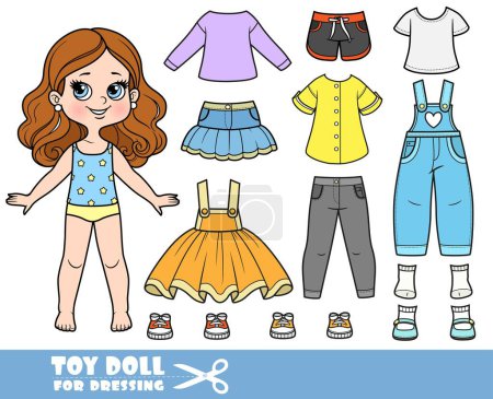 Illustration for Cartoon brunette girl  and clothes separately -  skirt, long sleeve, shirt, sandals, jeans and sneakers doll for dressing - Royalty Free Image