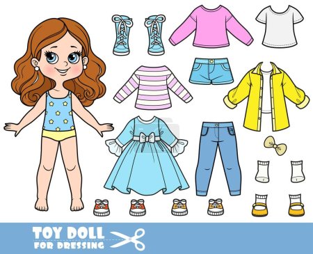 Illustration for Cartoon brunette girl  and clothes separately -  dress, long sleeve, shirt, shorts, sandals, jeans, high boots and sneakers doll for dressing - Royalty Free Image