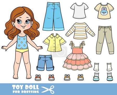 Illustration for Cartoon brunette girl  and clothes separately -  sundress, long sleeve, shirt, shorts, sandals, jeans and sneakers doll for dressing - Royalty Free Image