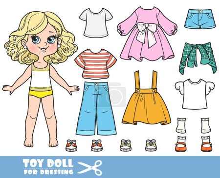Illustration for Cartoon blond girl  and clothes separately -   long sleeve pink dress,  t-shirts, sandals, skirt, shorts, shirt, jeans and sneakers doll for dressing - Royalty Free Image