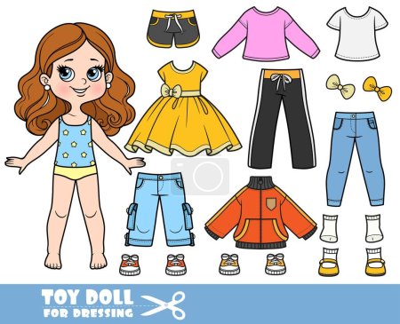 Illustration for Cartoon brunette girl  and clothes separately -  dress, jacket, long sleeve, shirt, shorts, sandals, jeans and sneakers doll for dressing - Royalty Free Image