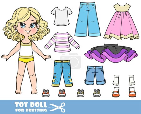 Ilustración de Chica rubia de dibujos animados y ropa por separado - vestido rosa, camisetas, sandalias, falda turu, pantalones cortos, jeans y zapatillas de deporte muñeca para vestirse - Imagen libre de derechos