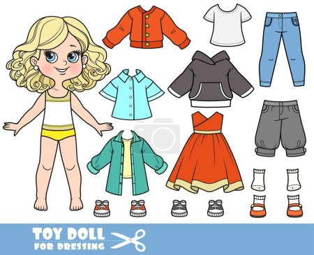 Illustration for Cartoon blond girl  and clothes separately - dress, shirts, sandals, breeches, shirt with long sleeves, jeans and sneakers doll for dressing - Royalty Free Image