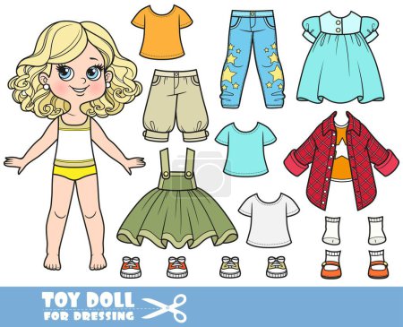 Illustration for Cartoon blond girl  and clothes separately - dress, shirts, sandals, skirt, breeches, shirt with long sleeves, jeans and sneakers doll for dressing - Royalty Free Image