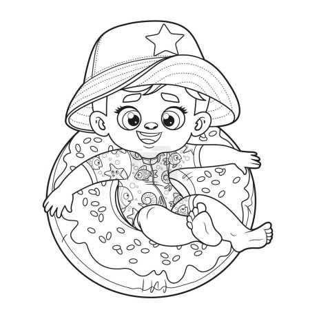 Photo for Cute cartoon boy in a swimsuit and panama lies in an inflatable circle outlined for coloring page on white background - Royalty Free Image