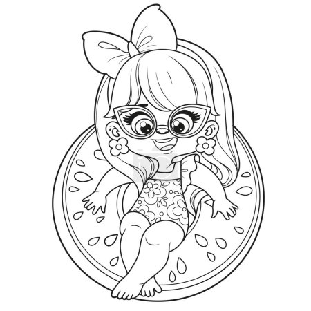 Ilustración de Linda chica de dibujos animados en un traje de baño y gafas de sol con un anillo inflable de sandía para nadar página para colorear sobre fondo blanco - Imagen libre de derechos