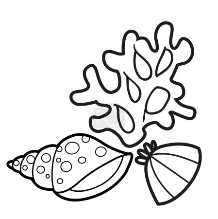 Téléchargez les illustrations : Petit corail avec deux coquillages côte à côte dessinés pour colorier isolée sur fond blanc - en licence libre de droit
