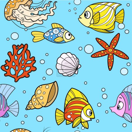 Téléchargez les illustrations : Seamless pattern from cute carton sea inhabitants starfishes, fishes, seashells and jellyfish - en licence libre de droit