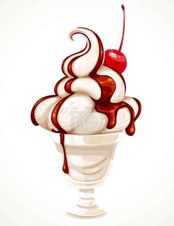 Téléchargez les illustrations : Glace vanille douce avec garniture cerise et chocolat dans un bol isolé sur fond blanc - en licence libre de droit