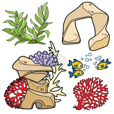 Téléchargez les illustrations : Algues, anémones, grès, poissons et corail dessin couleur - en licence libre de droit