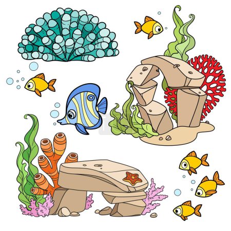 Téléchargez les illustrations : Algues, anémones, compositions de grès avec coraux et poissons ensemble dessin couleur - en licence libre de droit