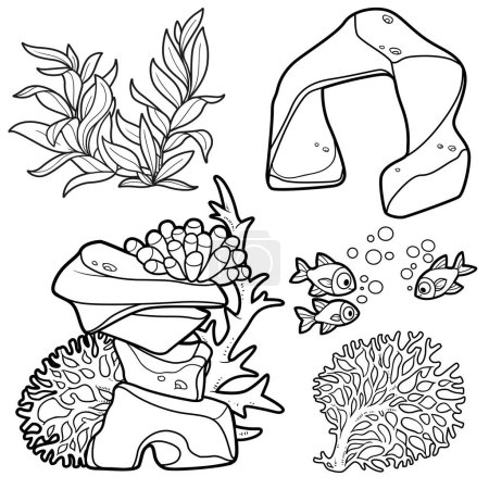 Téléchargez les illustrations : Algues, anémones, grès, poissons et corail dessin linéaire pour coloriage - en licence libre de droit