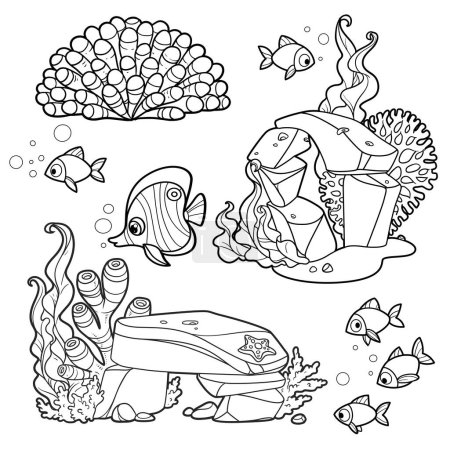 Téléchargez les illustrations : Algues, anémones, grès compositions avec coraux et poissons set dessin linéaire pour coloriage - en licence libre de droit