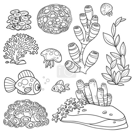Téléchargez les illustrations : Anémones, coraux, poissons, méduses, pierres de sable et éponges ensemble livre à colorier dessin linéaire isolé sur fond blanc - en licence libre de droit