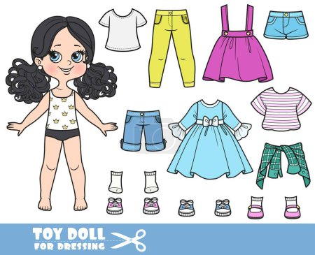 Illustration for Cartoon girl with black ponytails hairstyle  and clothes separately - dress, jeans and boots doll for dressing - Royalty Free Image