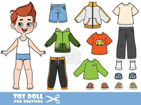 Netter Cartoon-Junge mit separater Kleidung - Jacke, Shorts, Langarm, T-Shirt, Jeans und Turnschuhen Puppe zum Anziehen